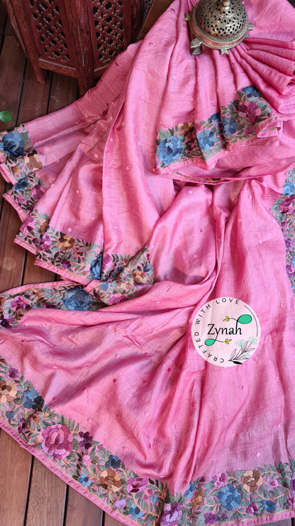 Zynah Made to Order Pure Tussar Silk Parsi Gara Handcrafted Saree; Custom Stitched/Ready-made Blouse, Fall, Petticoat; Shipping available USA, Worldwide