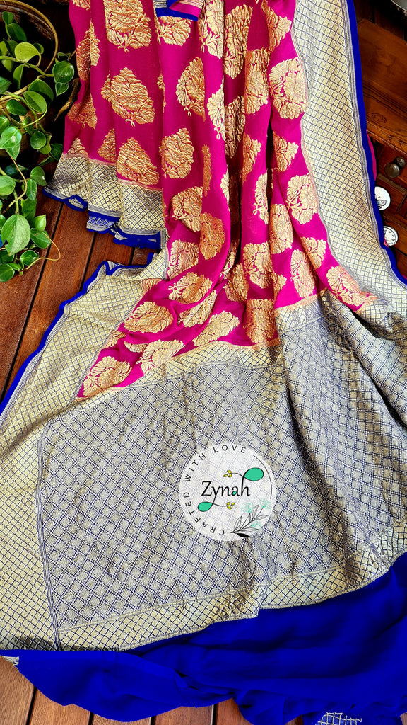 Zynah Pure Handloom Banarasi Khaddi Georgette Saree, Golden Zari Weave; Custom Stitched/Ready-made Blouse, Fall, Petticoat; Shipping available USA, Worldwide