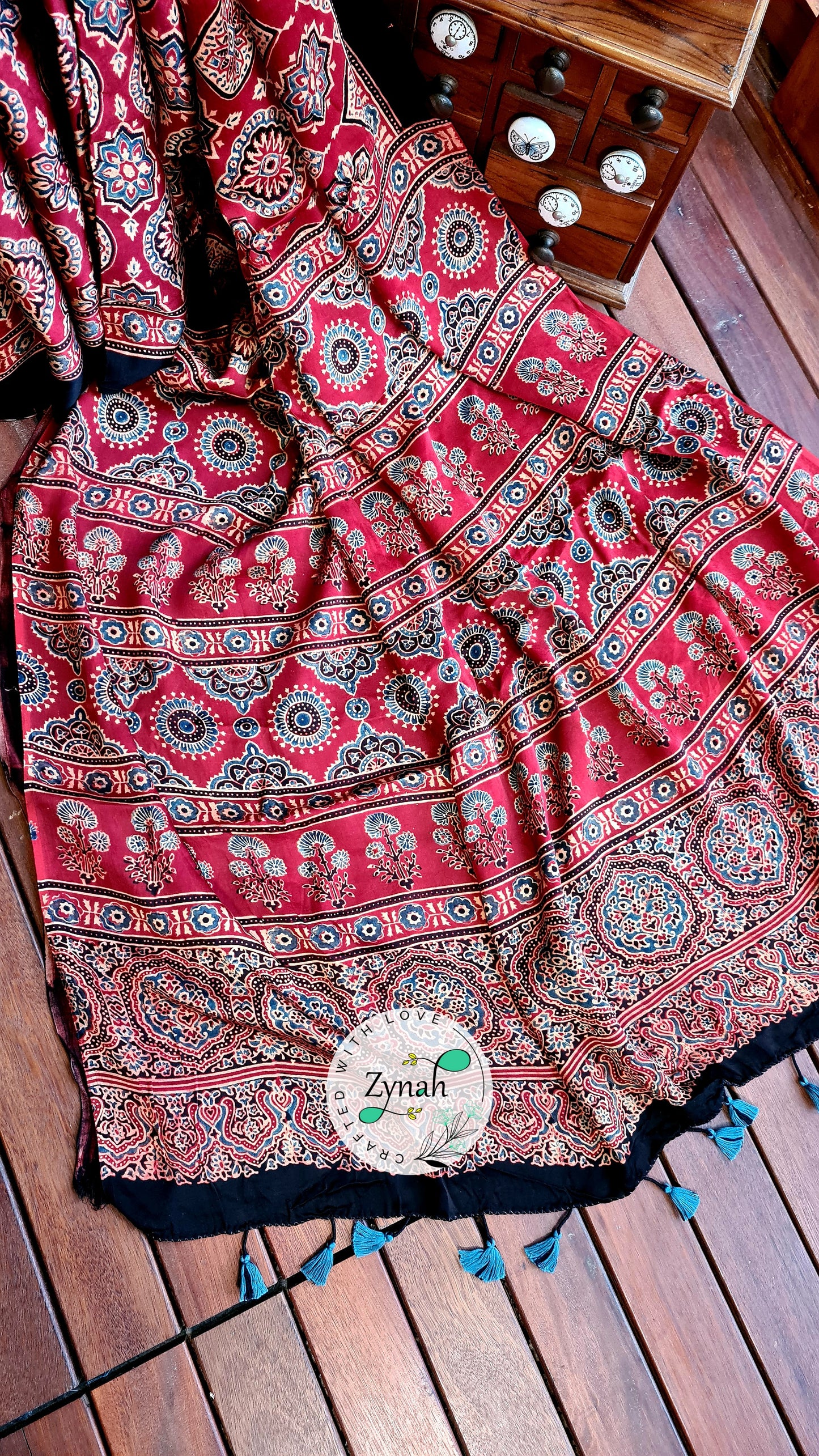 Zynah Pure Modal Silk Ajrakh Saree with Handblock Prints; Custom Stitched/Ready-made Blouse, Fall, Petticoat; Shipping available USA, Worldwide
