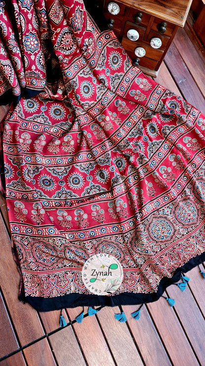 Zynah Pure Modal Silk Ajrakh Saree with Handblock Prints; Custom Stitched/Ready-made Blouse, Fall, Petticoat; Shipping available USA, Worldwide