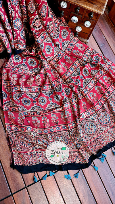 Zynah Pure Modal Silk Ajrakh Saree with Handblock Prints; Custom Stitched/Ready-made Blouse, Fall, Petticoat; Shipping available USA, Worldwide