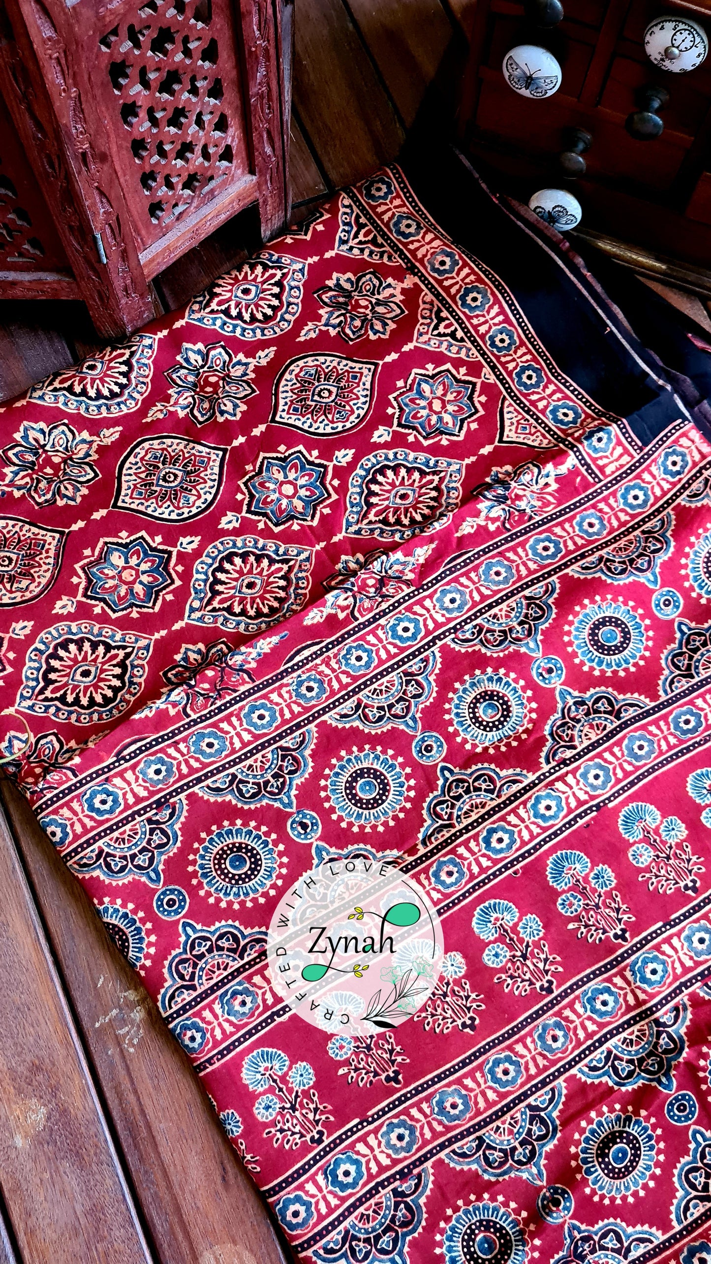Zynah Pure Modal Silk Ajrakh Saree with Handblock Prints; Custom Stitched/Ready-made Blouse, Fall, Petticoat; Shipping available USA, Worldwide
