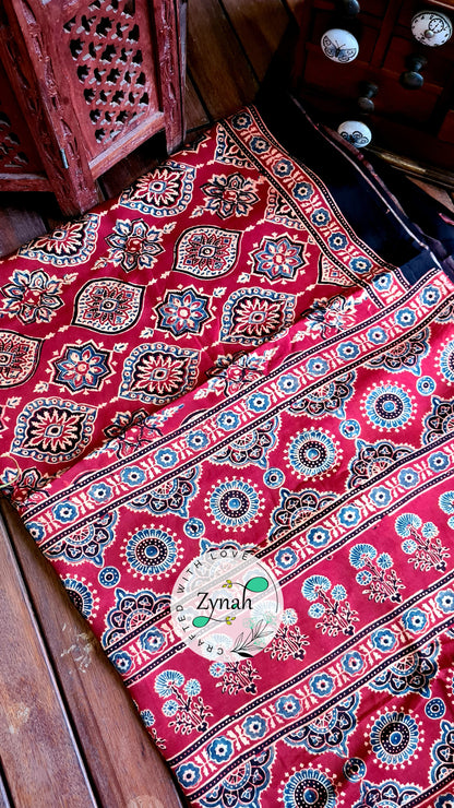 Zynah Pure Modal Silk Ajrakh Saree with Handblock Prints; Custom Stitched/Ready-made Blouse, Fall, Petticoat; Shipping available USA, Worldwide