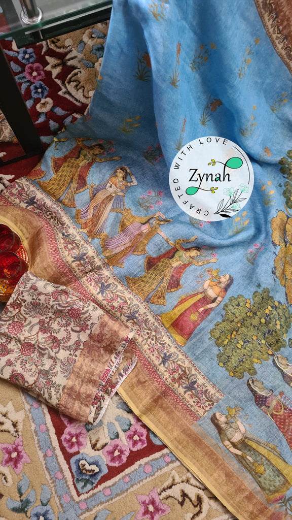 Zynah Organic Pure Linen by Linen(120c) Saree with Digital Kalamkari Prints; Custom Stitched/Ready-made Blouse, Fall, Petticoat; Shipping available USA, Worldwide