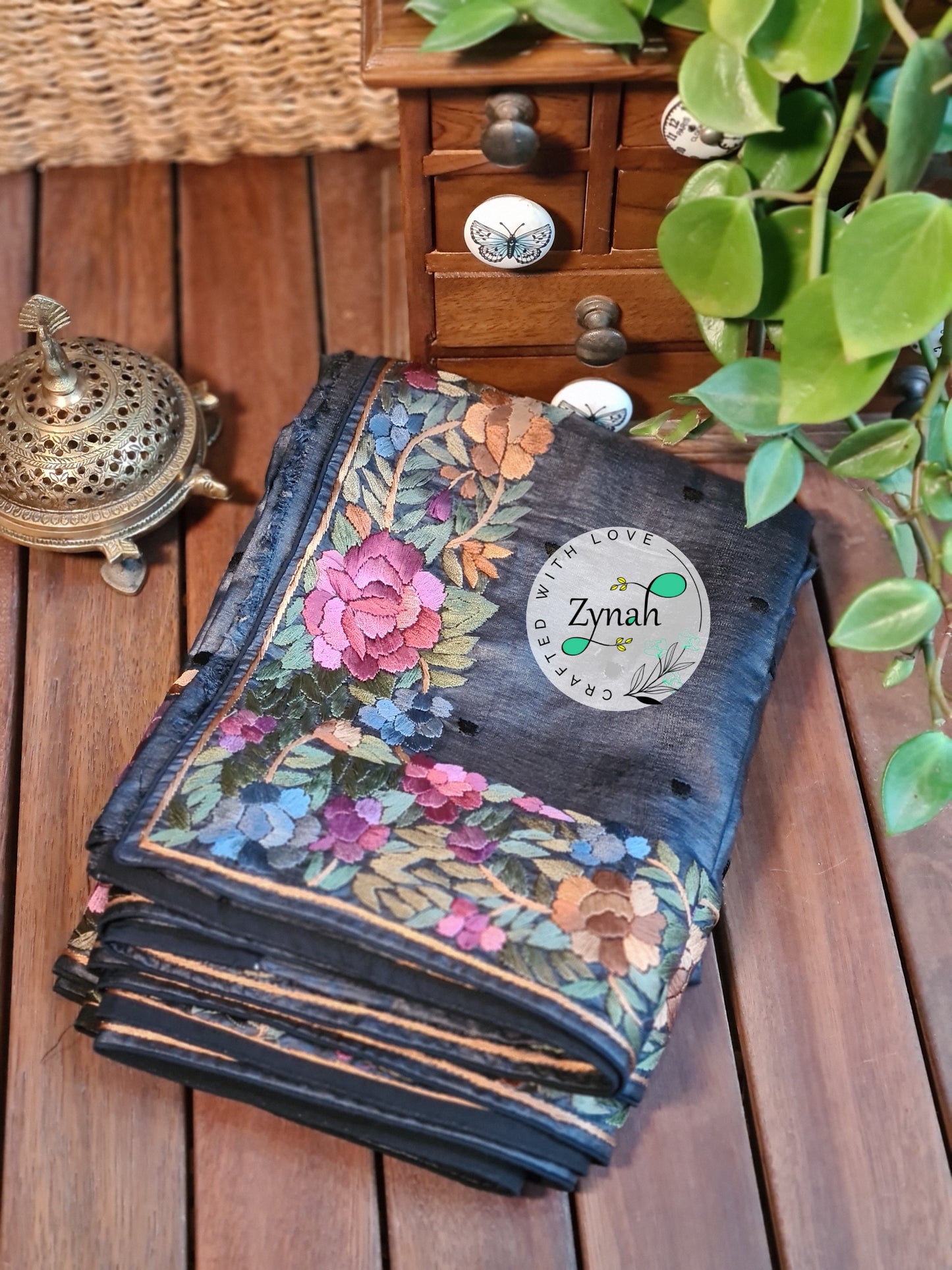 Zynah Made to Order Pure Tussar Silk Parsi Gara Handcrafted Saree; Custom Stitched/Ready-made Blouse, Fall, Petticoat; Shipping available USA, Worldwide