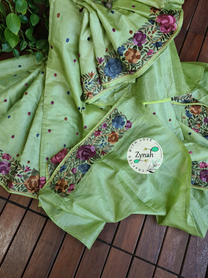 Zynah Pure Tussar Silk Parsi Gara Handcrafted Saree; Custom Stitched/Ready-made Blouse, Fall, Petticoat; Shipping available USA, Worldwide