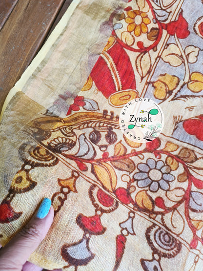 Zynah Kalamkari Organic Lab Tested 120 Count pure 'Linen by Linen' Saree; Custom Stitched/Ready-made Blouse, Fall, Petticoat; Shipping available USA, Worldwide
