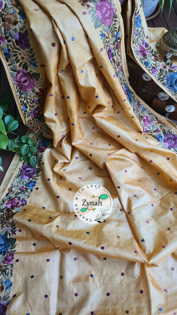Zynah Made to Order Pure Tussar Silk Parsi Gara Handcrafted Saree; Custom Stitched/Ready-made Blouse, Fall, Petticoat; Shipping available USA, Worldwide
