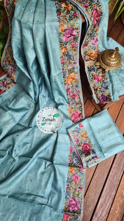Zynah Made to Order Pure Tussar Silk Parsi Gara Handcrafted Saree; Custom Stitched/Ready-made Blouse, Fall, Petticoat; Shipping available USA, Worldwide