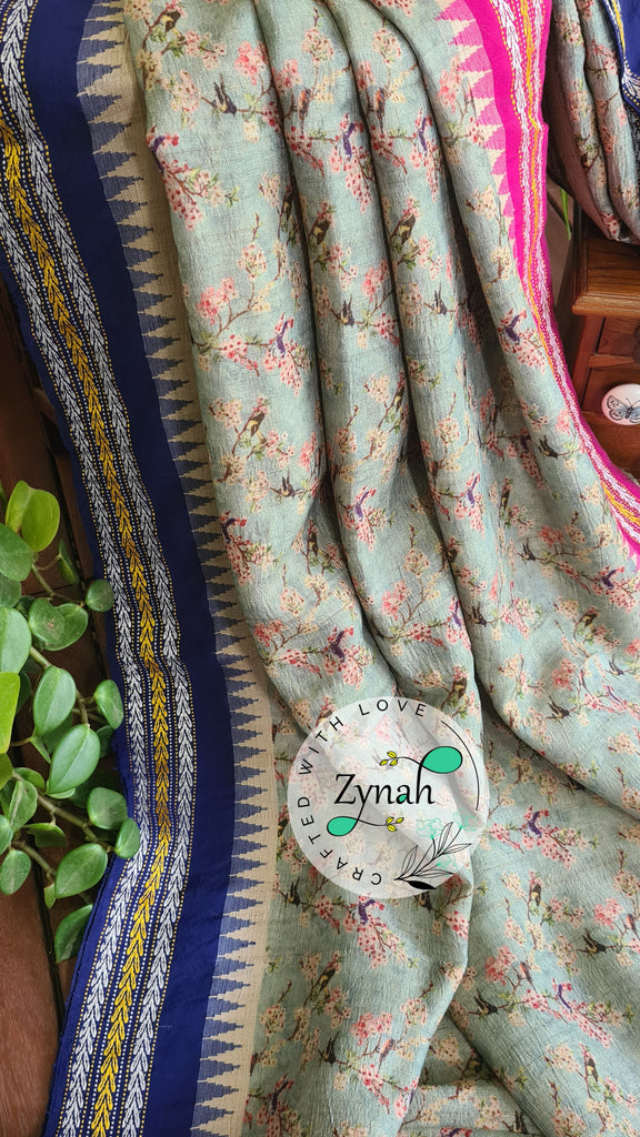 Zynah Pure Vidarbha Tussar Silk Saree with Digital Floral Print, Karvati Kinar & Temple border; Custom Stitched/Ready-made Blouse, Fall, Petticoat; Shipping available USA, Worldwide