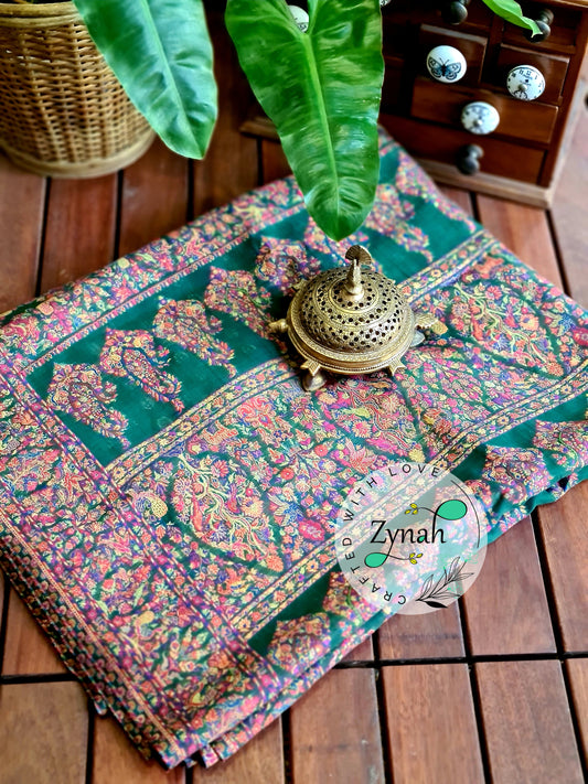 Zynah Green Kashmiri Pure Kani Silk Jamavar Saree | Kashmiri Traditional Pashmina Pure Silk Kani Saree; Custom Stitched/Ready-made Blouse, Fall, Petticoat; SKU: 0903202206