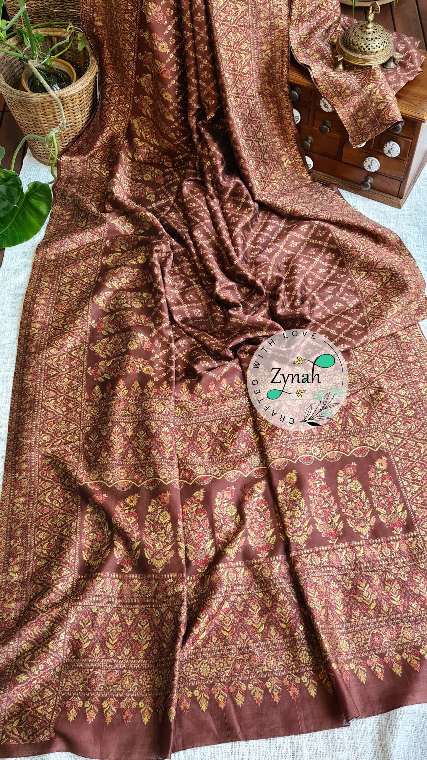 Zynah Pure Silk Kani Jamawar Style Saree with Grand Pallu & Border; Custom Stitched/Ready-made Blouse, Fall, Petticoat; Shipping available USA, Worldwide
