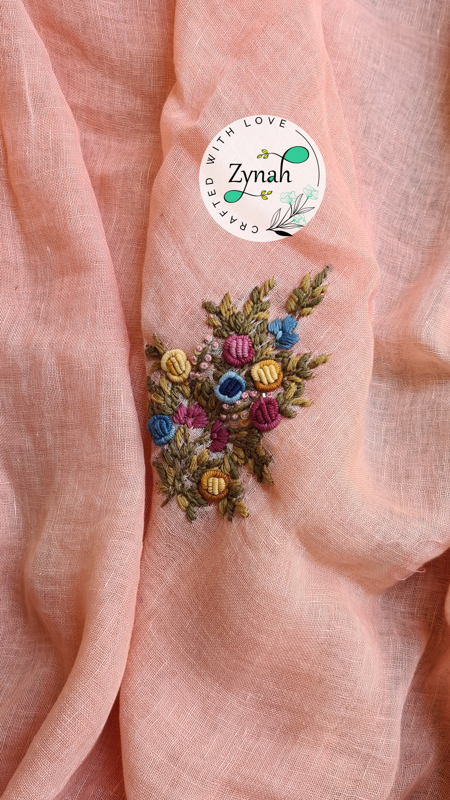 Zynah Pure Linen(120c) Handcrafted Saree with French Knot Hand Embroidery; Custom Stitched/Ready-made Blouse, Fall, Petticoat; Shipping available USA, Worldwide