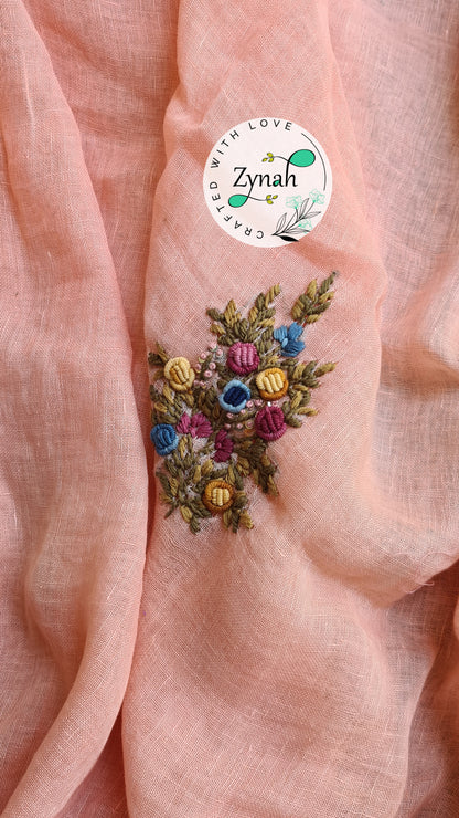 Zynah Pure Linen(120c) Handcrafted Saree with French Knot Hand Embroidery; Custom Stitched/Ready-made Blouse, Fall, Petticoat; Shipping available USA, Worldwide
