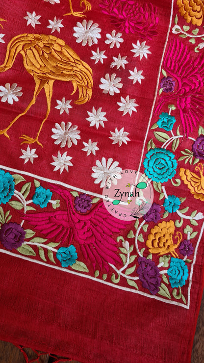 Zynah Pure Tussar Silk Parsi work Inspired Saree, Flamingo Bird Motifs; Custom Stitched/Ready-made Blouse, Fall, Petticoat; Shipping available USA, Worldwide
