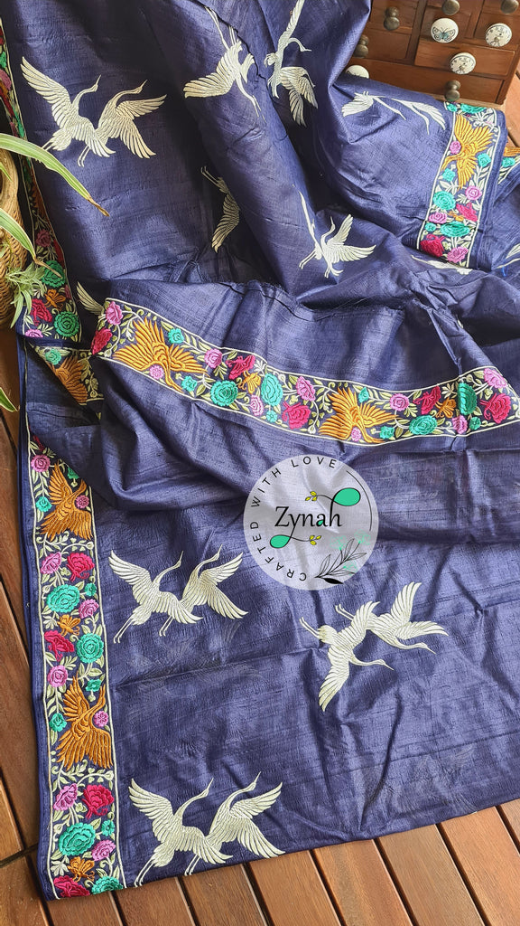 Zynah Pure Tussar Silk Parsi work Inspired Saree, Flamingo Bird Motifs; Custom Stitched/Ready-made Blouse, Fall, Petticoat; Shipping available USA, Worldwide