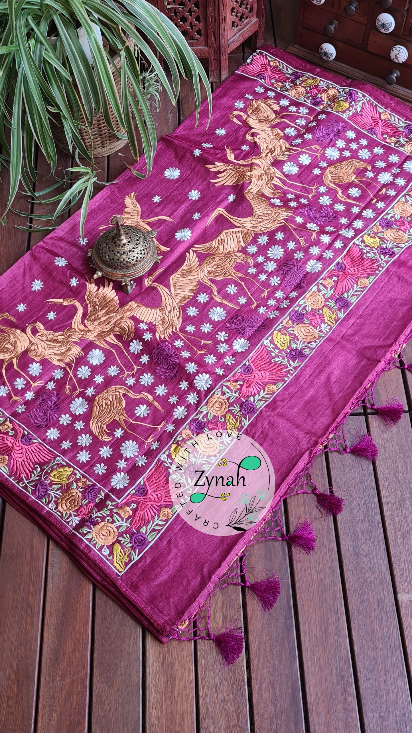 Zynah Pure Tussar Silk Parsi work Inspired Saree, Flamingo Bird Motifs; Custom Stitched/Ready-made Blouse, Fall, Petticoat; Shipping available USA, Worldwide