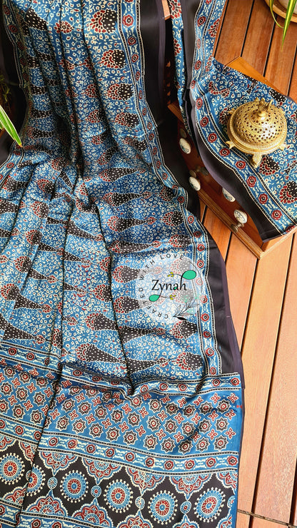 Zynah Pure Modal Silk Ajrakh Saree with Handblock Prints; Custom Stitched/Ready-made Blouse, Fall, Petticoat; Shipping available USA, Worldwide