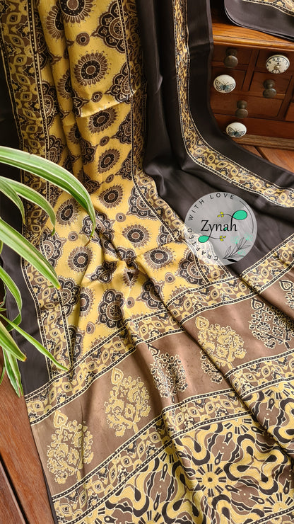 Zynah Pure Modal Silk Ajrakh Saree with Handblock Prints; Custom Stitched/Ready-made Blouse, Fall, Petticoat; Shipping available USA, Worldwide