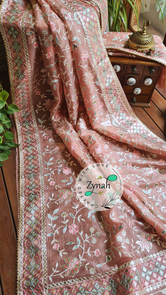Zynah Pure Organza Silk Saree with Gotapatti Lace, Foil & Thread Embroidery Work; Custom Stitched/Ready-made Blouse, Fall, Petticoat; Shipping available USA, Worldwide