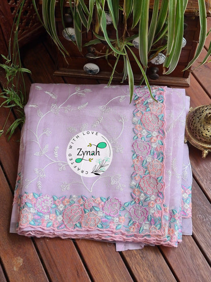 Zynah Pure Organza Silk Saree with Scalloped Border, Thread Embroidery & Sequence Work; Custom Stitched/Ready-made Blouse, Fall, Petticoat; Shipping available USA, Worldwide