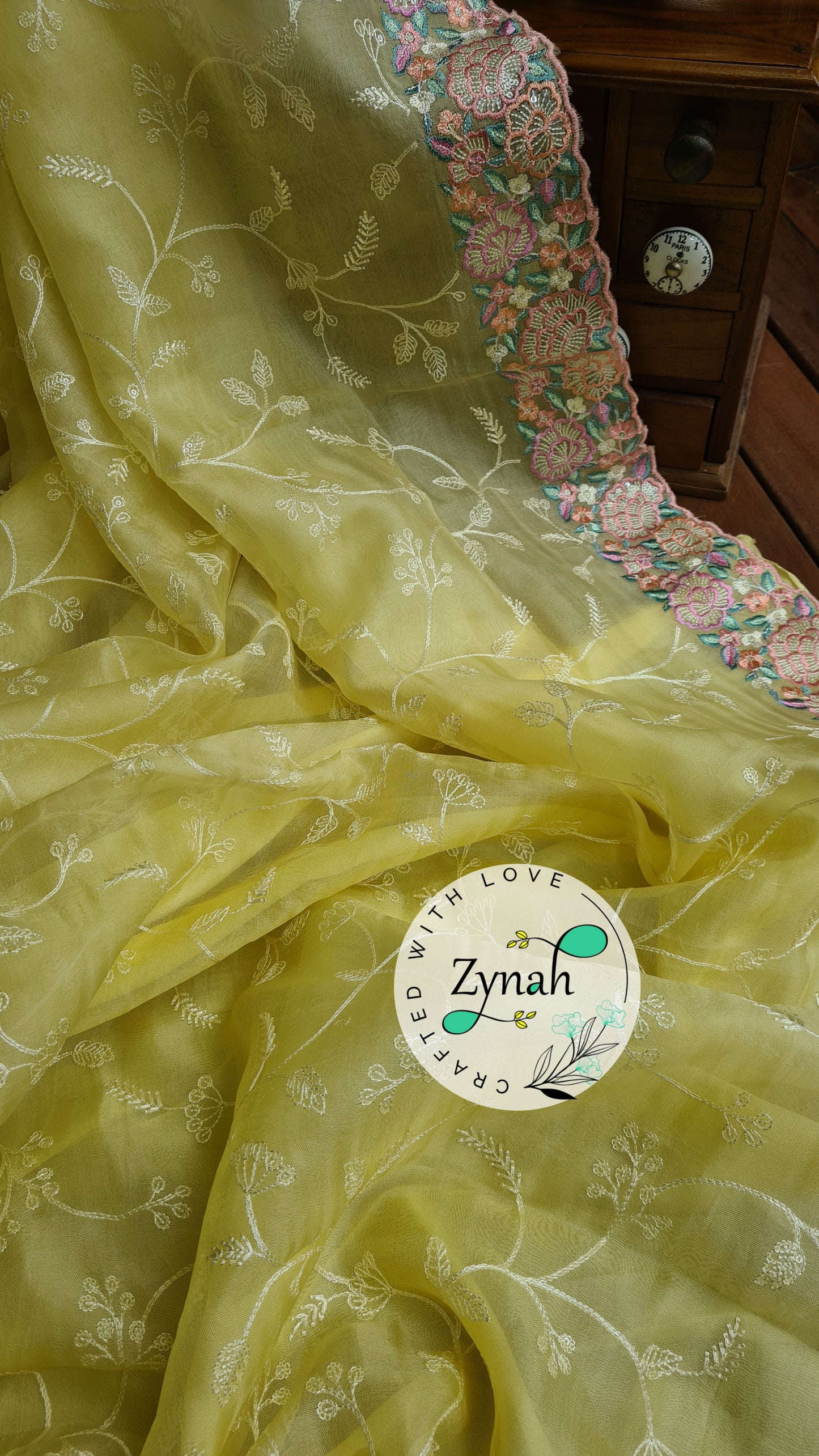 Zynah Pure Organza Silk Saree with Scalloped Border, Thread Embroidery & Sequence Work; Custom Stitched/Ready-made Blouse, Fall, Petticoat; Shipping available USA, Worldwide