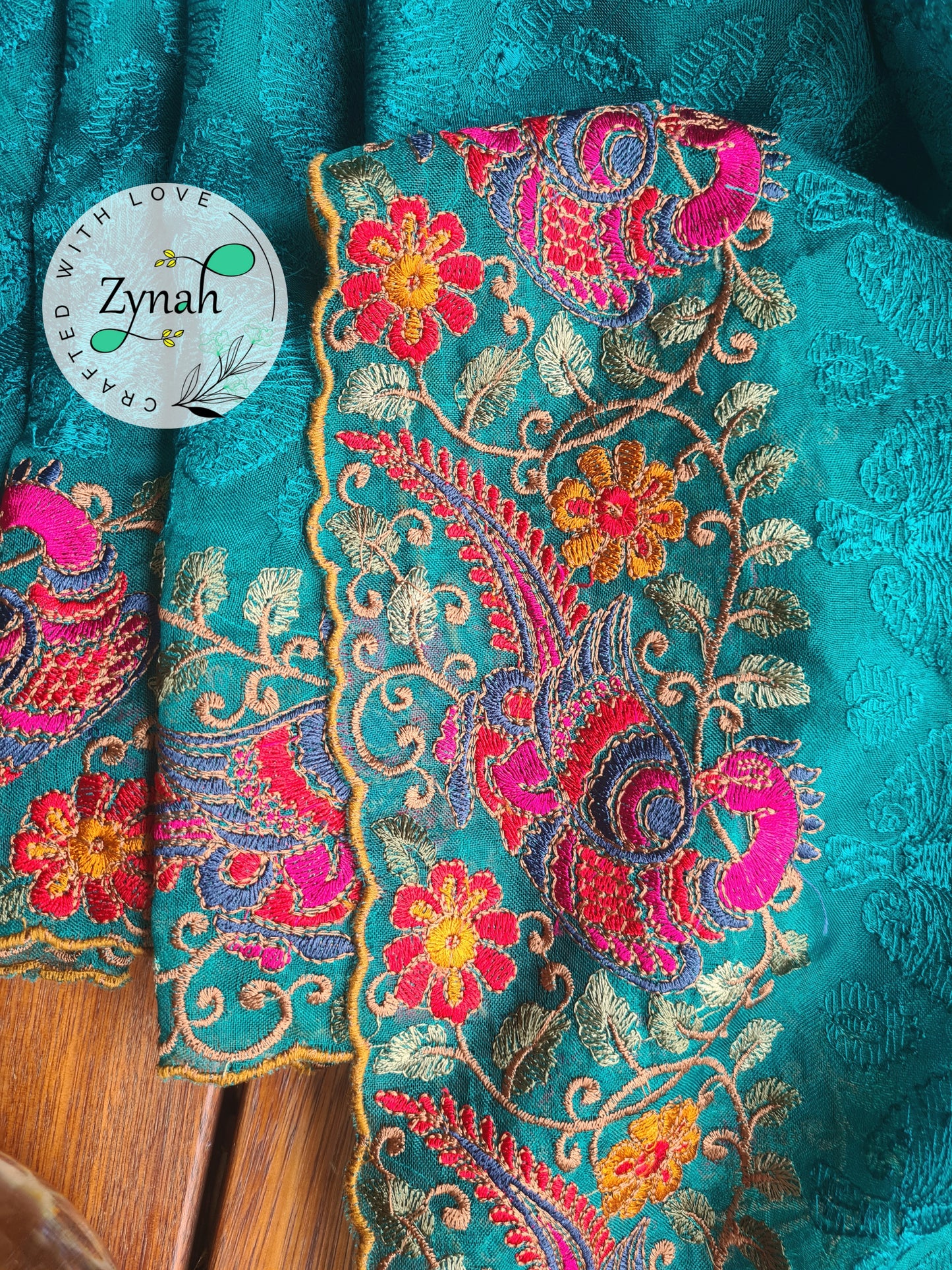Zynah Designer Pure Kora Silk Saree with Scalloped Border & Thread Embroidery; Custom Stitched/Ready-made Blouse, Fall, Petticoat; Shipping available USA, Worldwide