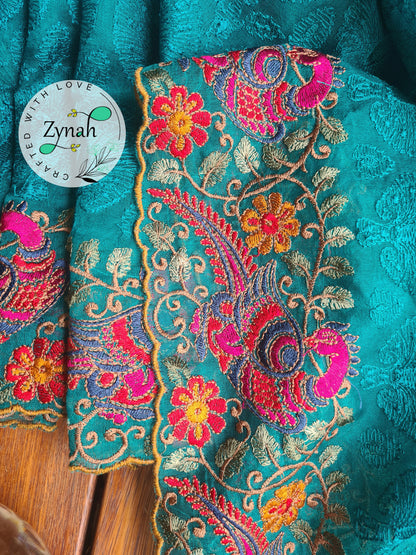 Zynah Designer Pure Kora Silk Saree with Scalloped Border & Thread Embroidery; Custom Stitched/Ready-made Blouse, Fall, Petticoat; Shipping available USA, Worldwide