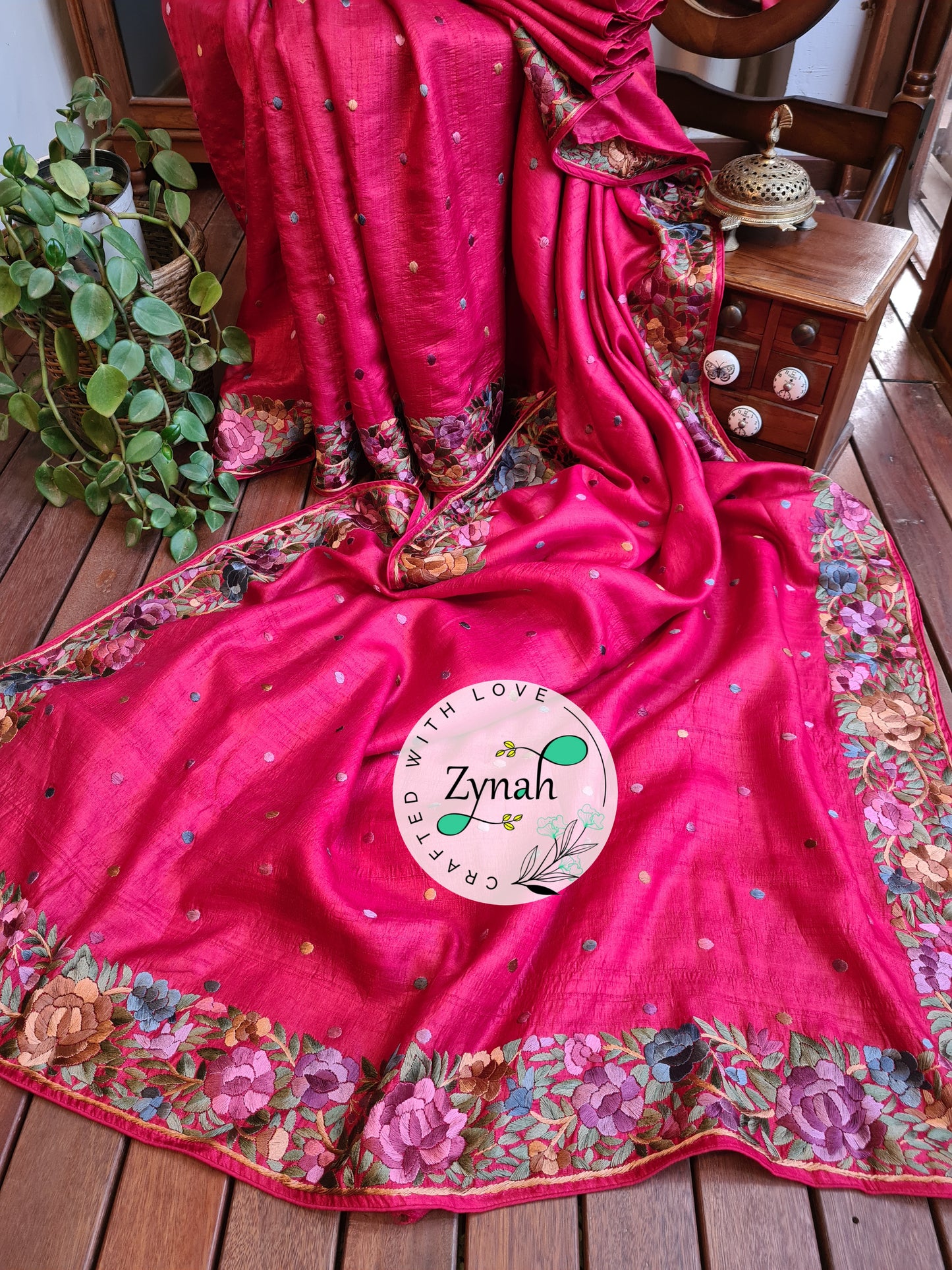 Zynah Made to Order Pure Tussar Silk Parsi Gara Handcrafted Saree; Custom Stitched/Ready-made Blouse, Fall, Petticoat; Shipping available USA, Worldwide