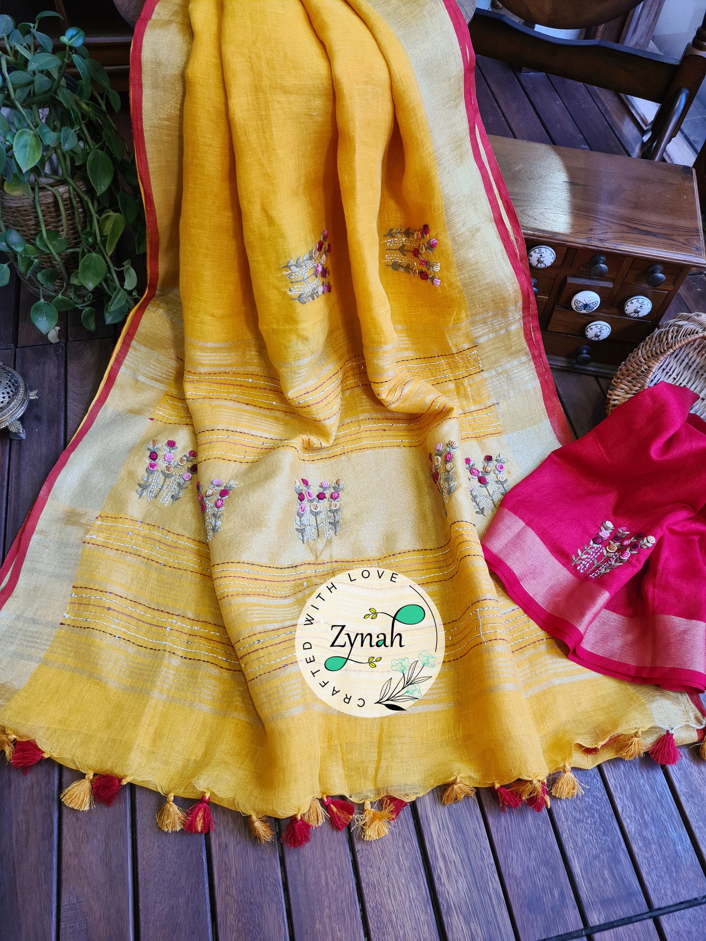 Zynah Pure Linen(120c) Handcrafted Saree with French Knot Hand Embroidery; Custom Stitched/Ready-made Blouse, Fall, Petticoat; Shipping available USA, Worldwide