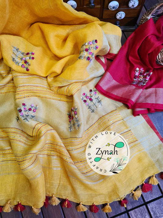 Zynah Pure Linen(120c) Handcrafted Saree with French Knot Hand Embroidery; Custom Stitched/Ready-made Blouse, Fall, Petticoat; Shipping available USA, Worldwide