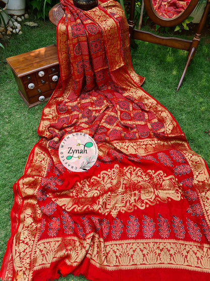 Zynah Pure Munga Silk Saree with Ajrakh Prints & Gharchola Zari Weave; Custom Stitched/Ready-made Blouse, Fall, Petticoat; Shipping available USA, Worldwide