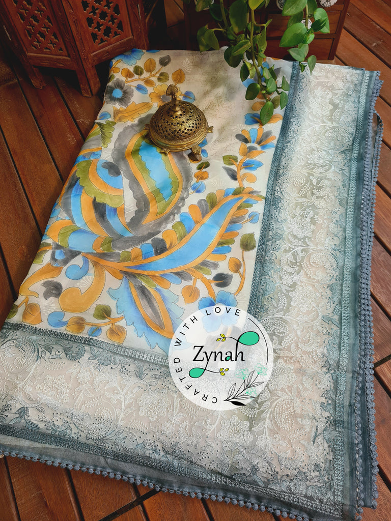 Zynah Premium Quality Pure Kora Silk Saree with Hand-painted Kalamkari Designs, Chikankari Embroidery; Custom Stitched/Ready-made Blouse, Fall, Petticoat; Shipping available USA, Worldwide
