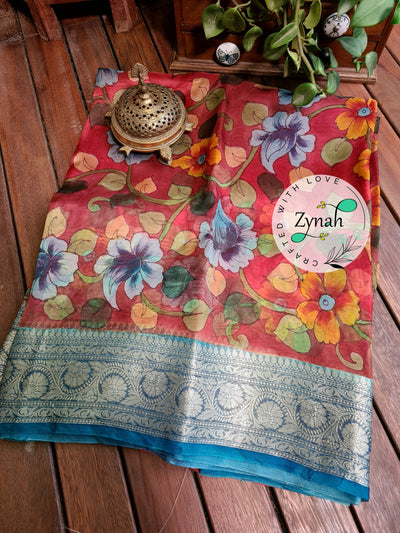 Zynah Pure Kora Silk Banarasi Saree with Hand-painted Kalamkari Designs, Zari Weave Border; Custom Stitched/Ready-made Blouse, Fall, Petticoat; Shipping available USA, Worldwide