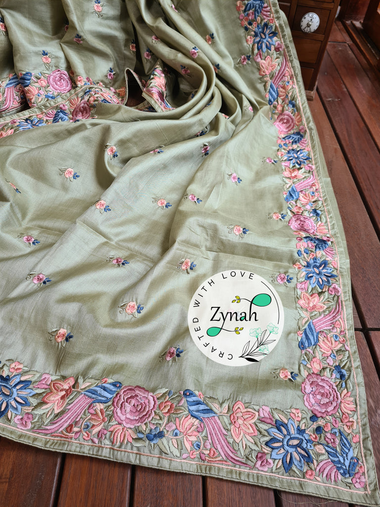Zynah Pista Green Color Pure Handwoven Tussar Silk Parsi Gara Inspired Resham Thread Embroidery Saree; Custom Stitched/Ready-made Blouse, Fall, Petticoat; Shipping available USA, Worldwide