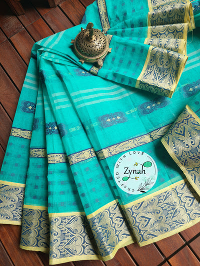 Zynah Light Blue Color Pure Handspun Cotton Saree with Zari Weave Border; Custom Stitched/Ready-made Blouse, Fall, Petticoat; Shipping available USA, Worldwide