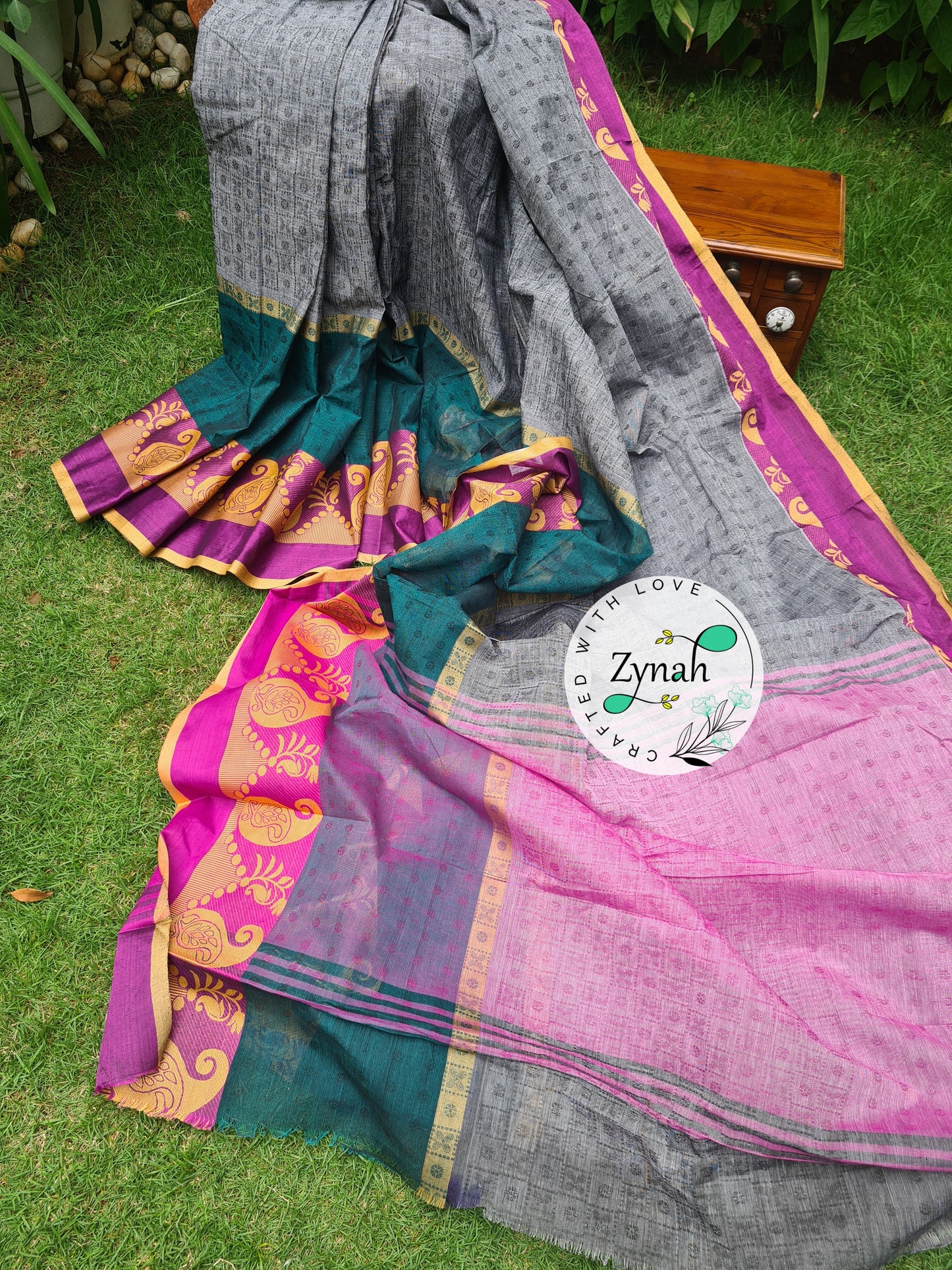 Zynah Grey Color Pure Handspun Cotton Saree with Zari Weave Border; Custom Stitched/Ready-made Blouse, Fall, Petticoat; Shipping available USA, Worldwide