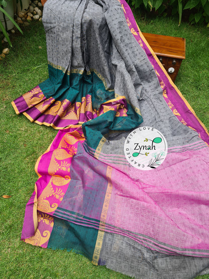 Zynah Grey Color Pure Handspun Cotton Saree with Zari Weave Border; Custom Stitched/Ready-made Blouse, Fall, Petticoat; Shipping available USA, Worldwide