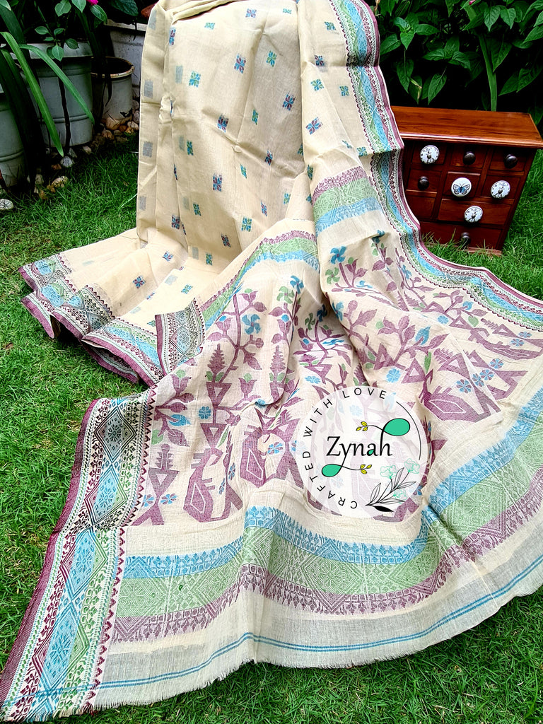 Zynah Off-white Color Pure Handspun Cotton Saree with Zari Weave Border; Custom Stitched/Ready-made Blouse, Fall, Petticoat; Shipping available USA, Worldwide
