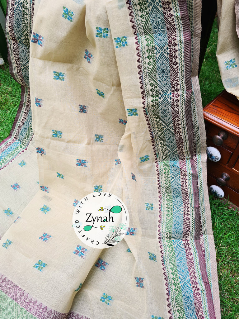 Zynah Off-white Color Pure Handspun Cotton Saree with Zari Weave Border; Custom Stitched/Ready-made Blouse, Fall, Petticoat; Shipping available USA, Worldwide