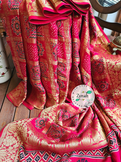 Zynah Pure Munga Silk Saree with Ajrakh Prints & Gharchola Zari Weave; Custom Stitched/Ready-made Blouse, Fall, Petticoat; Shipping available USA, Worldwide