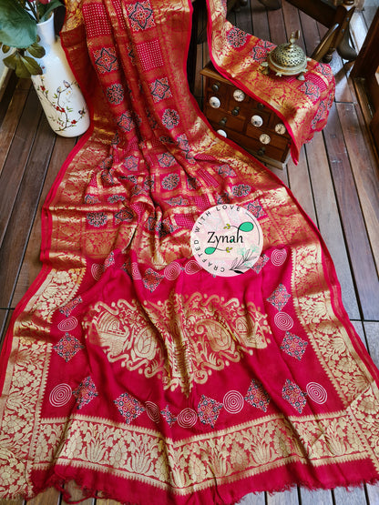 Zynah Pure Munga Silk Saree with Ajrakh Prints & Gharchola Zari Weave; Custom Stitched/Ready-made Blouse, Fall, Petticoat; Shipping available USA, Worldwide