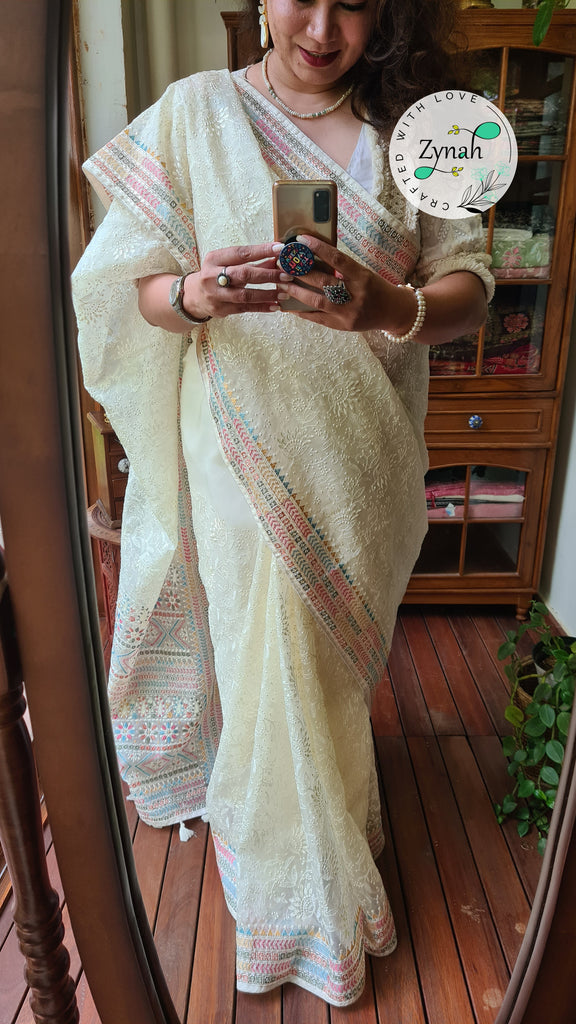 Zynah Off-white Color Pure Organza Silk Saree with Kantha Style Embroidery; Custom Stitched/Ready-made Blouse, Fall, Petticoat; Shipping available USA, Worldwide