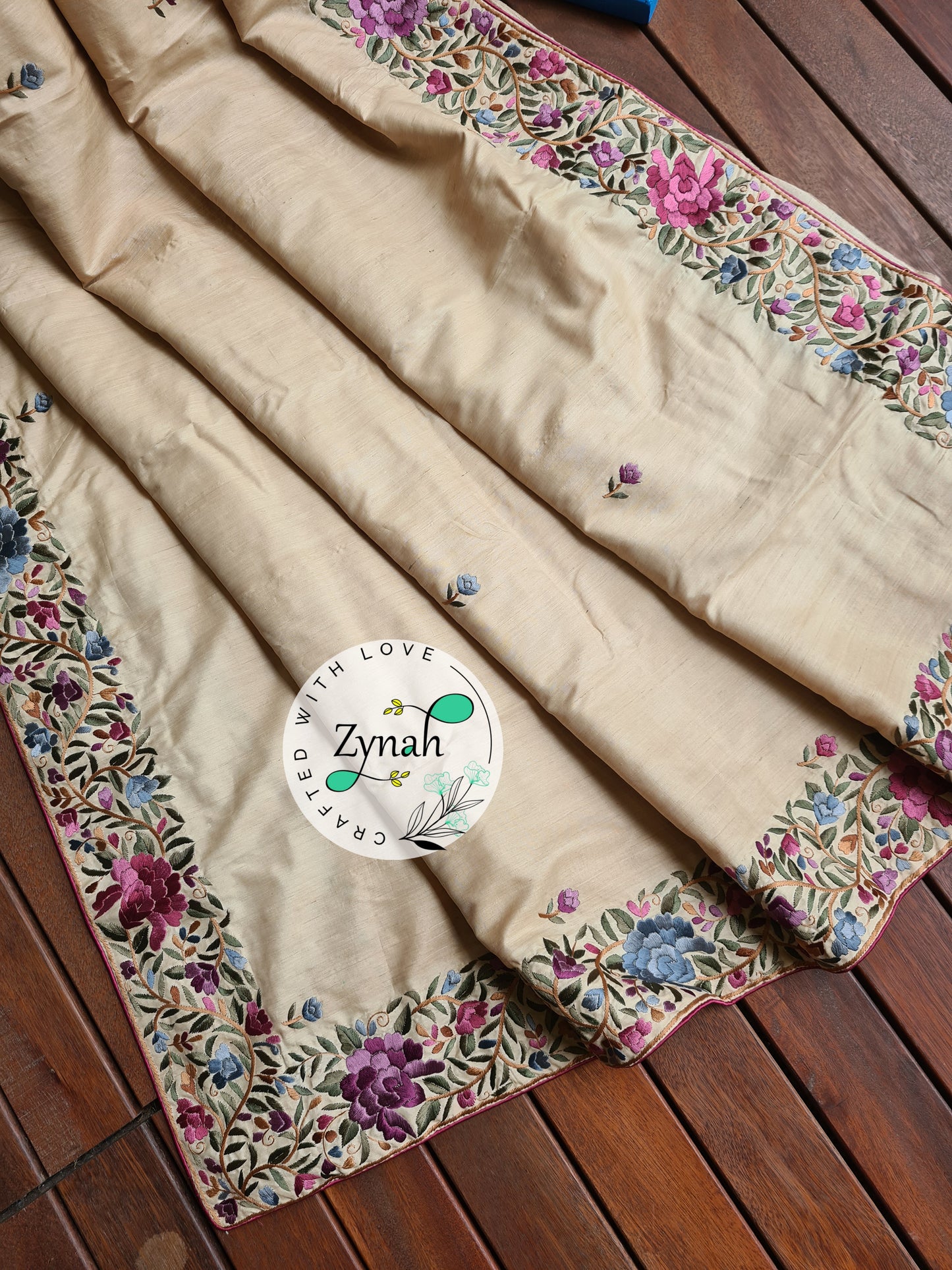 Zynah Made To Order Beige Color Pure Tussar Silk Parsi Gara Handcrafted Saree; Custom Stitched/Ready-made Blouse, Fall, Petticoat; Shipping available USA, Worldwide