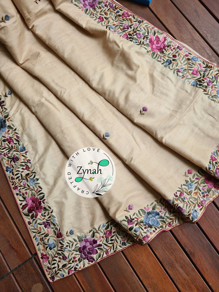 Zynah Beige Color Pure Tussar Silk Parsi Gara Handcrafted Saree; Custom Stitched/Ready-made Blouse, Fall, Petticoat; Shipping available USA, Worldwide