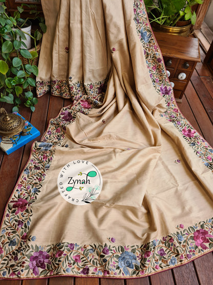 Zynah Made To Order Beige Color Pure Tussar Silk Parsi Gara Handcrafted Saree; Custom Stitched/Ready-made Blouse, Fall, Petticoat; Shipping available USA, Worldwide