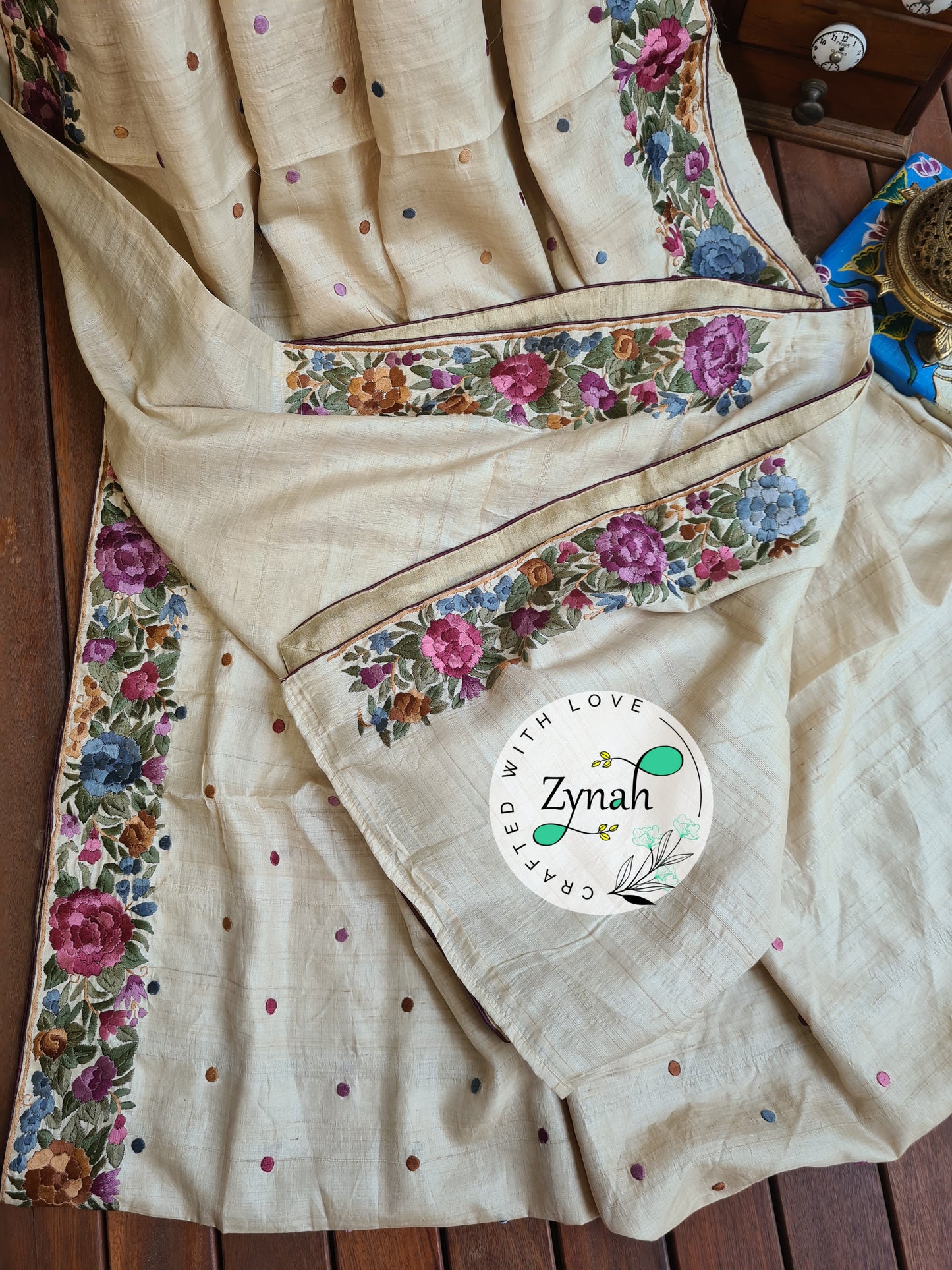 Zynah Off-white Color Made to Order Pure Tussar Silk Parsi Gara Handcrafted Saree; Custom Stitched/Ready-made Blouse, Fall, Petticoat; Shipping available USA, Worldwide