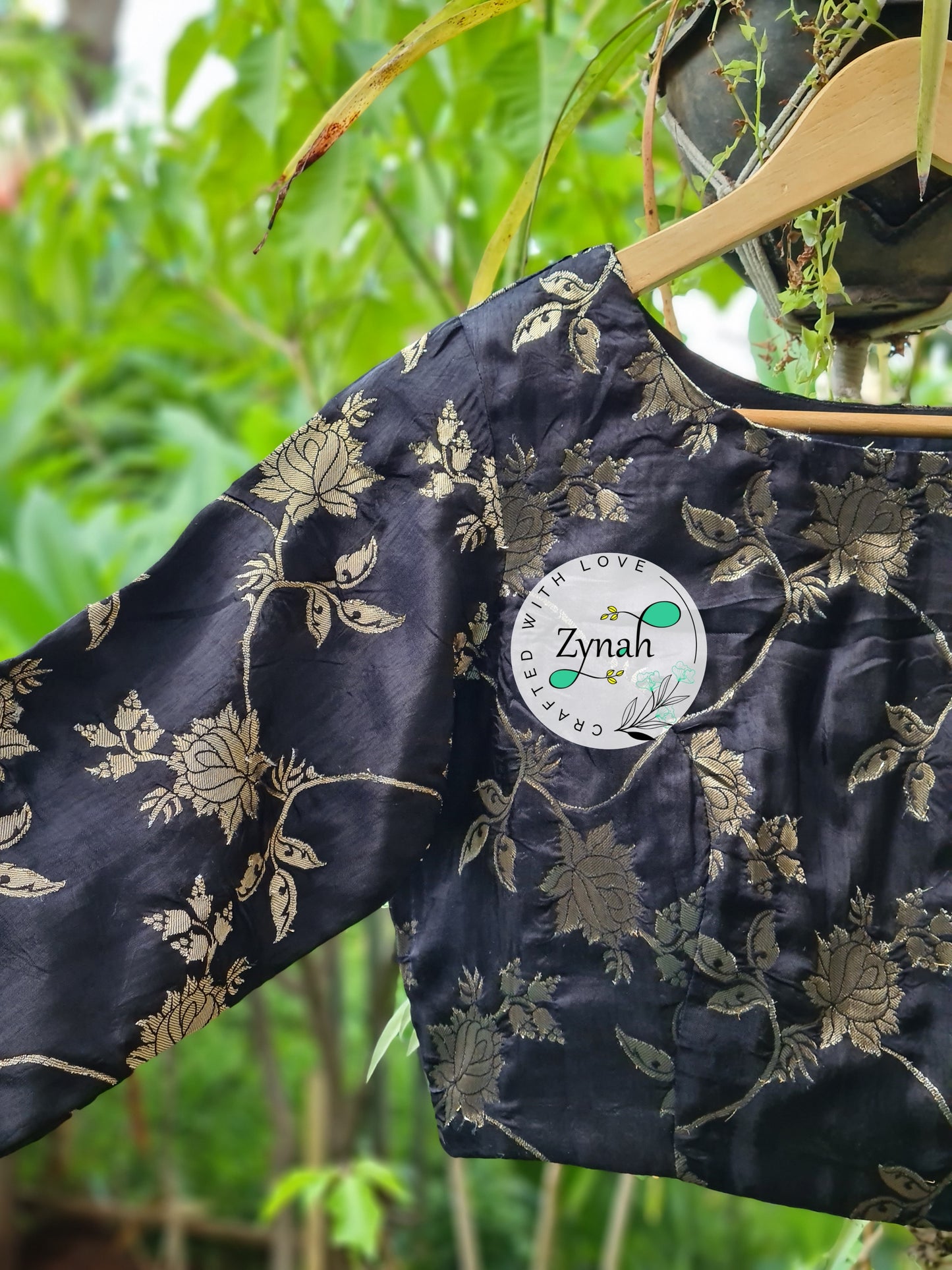 Zynah Pre-order Pure Silk Black Color Blouse with Zari Weave; Shipping available USA & Worldwide