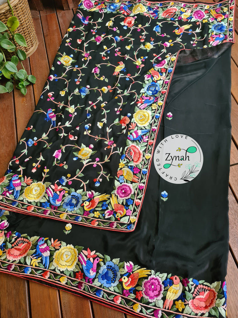 Zynah Black Color Pure Crepe Silk Parsi Gara Handcrafted Saree; Custom Stitched/Ready-made Blouse, Fall, Petticoat; Shipping available USA, Worldwide