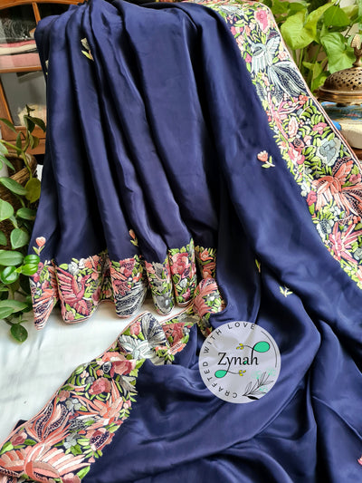 Zynah Blue Color Made to Order Pure Crepe Silk Parsi Gara Handcrafted Saree; Custom Stitched/Ready-made Blouse, Fall, Petticoat; Shipping available USA, Worldwide